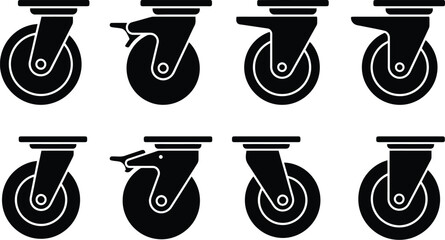 Eight black silhouette icons of different types of caster wheels with mounting plates and brakes furniture © Muhammad