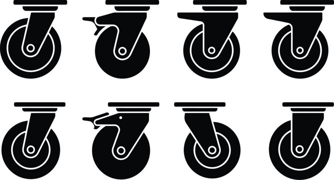 Eight black silhouette icons of different types of caster wheels with mounting plates and brakes furniture