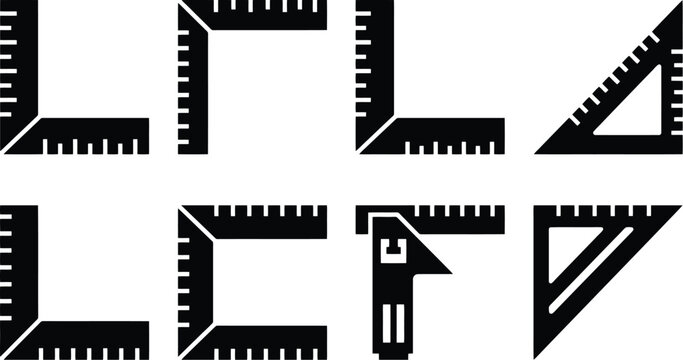 Eight black silhouette icons of measuring tools including L-squares and triangles with measurement markings