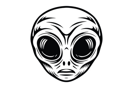 Extraterrestrial alien creature with large eyes showcases an unsettling monochrome visage on a plain backdrop