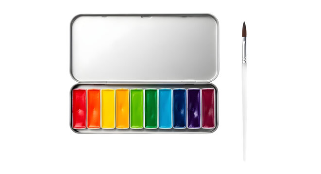 Watercolor paints and brush in a tin case on a transparent background