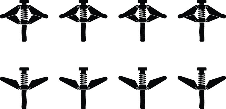 Eight black silhouette icons of toggle bolt anchors with springs and screws on a white background fastener