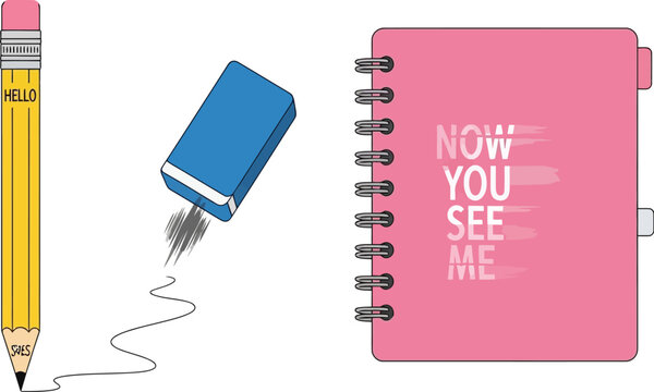 A yellow pencil actively writes the word 'HELLO' while a blue eraser removes previous graphite marks next to a pink spiral-bound notebook displaying text.