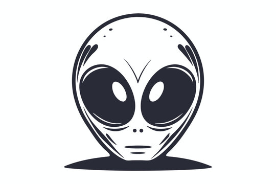 Monochrome cartoon alien portrait shows a large head and sizable, oval eyes