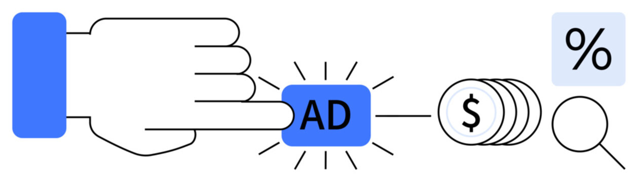 Digital marketing, revenue generation, pay-per-click, advertising strategy, keyword targeting, ROI tracking. Hand clicking on ad button with money, percentage and search icons. Digital marketing