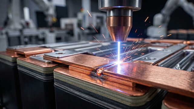 Macro of precision laser welding on thick copper busbars of a battery module with flying sparks