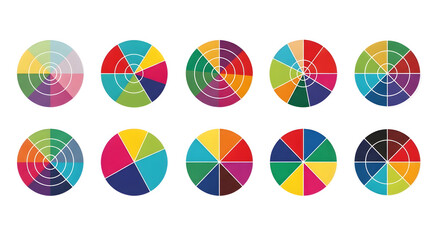 Obraz premium A collection of colorful pie charts arranged in two rows on a clean surface