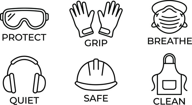 Six essential safety equipment icons are displayed above text labels indicating their protective function in a clean line art style.