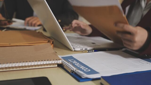 Concept of legal counseling. The lawyer or legal counsel is listening and providing advice to business people.