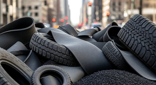 Recycled rubber tires in a pile.