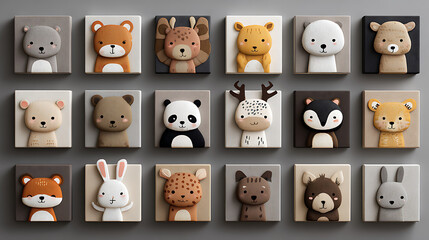 Fototapeta premium A collection of wooden animal faces on squares