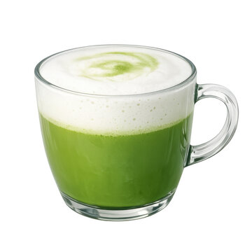 Delicious matcha green tea latte in a clear glass mug with rich creamy foam texture and decorative swirl, isolated on transparent background for easy placement in food and beverage designs.
