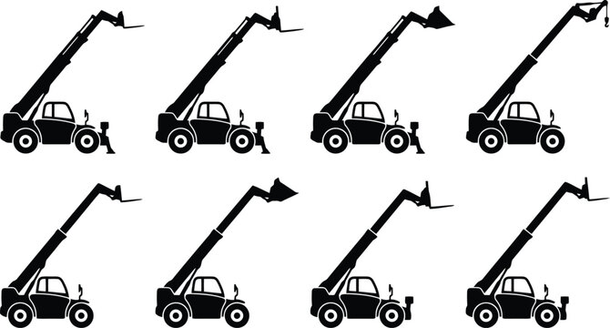 Eight Black Silhouettes of Telehandler Forklifts with Various Attachments on White Backgrounds telescopic handler