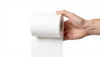 Obraz premium Hand holding white toilet paper roll against clean white background minimalist lifestyle concept