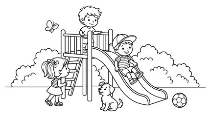 Young kids playing on outdoor slide structure with cute puppy dog © GW