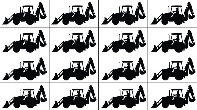 Grid of twelve black silhouette icons of a backhoe loader with a driver from various angles on a white background