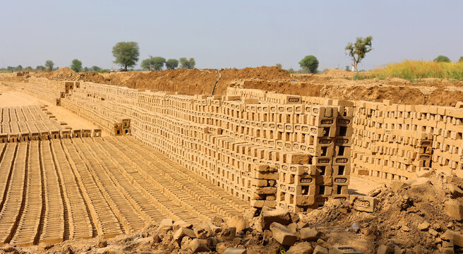 UTTAR  PRADESH INDIA: Raw brick laid out in stacks for drying. Bricks in a brick factory. Traditional production of clay bricks in India.