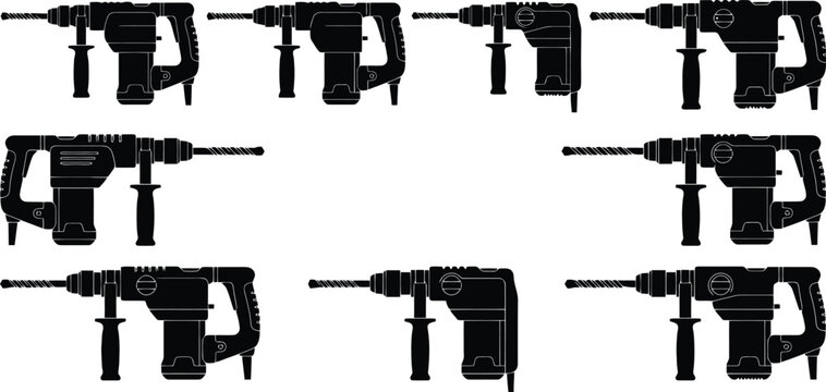 Nine black silhouette icons of rotary hammer drills with drill bits and auxiliary handles on a white background
