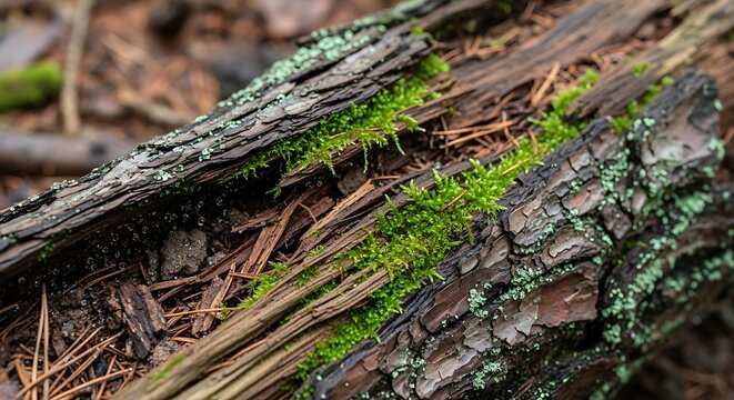 A close-up of a log with moss and lichen growing on it
