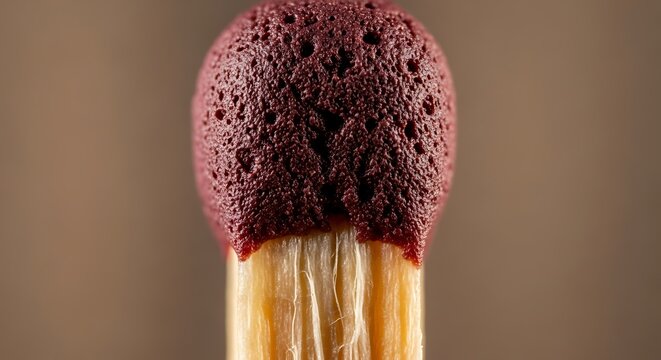 A close-up of a match with a burnt red head