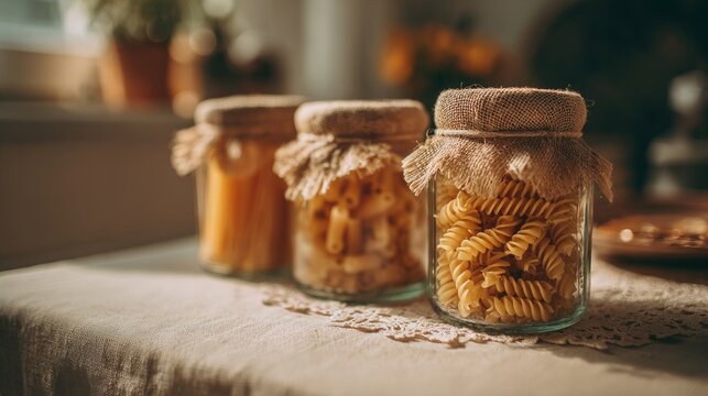 Pasta in jars sits on a beige table, seen up close.