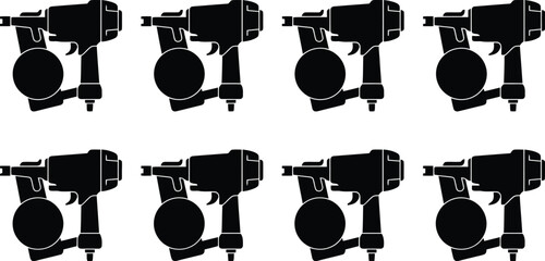 Eight black silhouette icons of pneumatic nail guns Keywords: nail gun, pneumatic tool, construction tool, carpentry tool, woodworking tool, fastening tool, equipment, industrial tool, handheld © Kosain