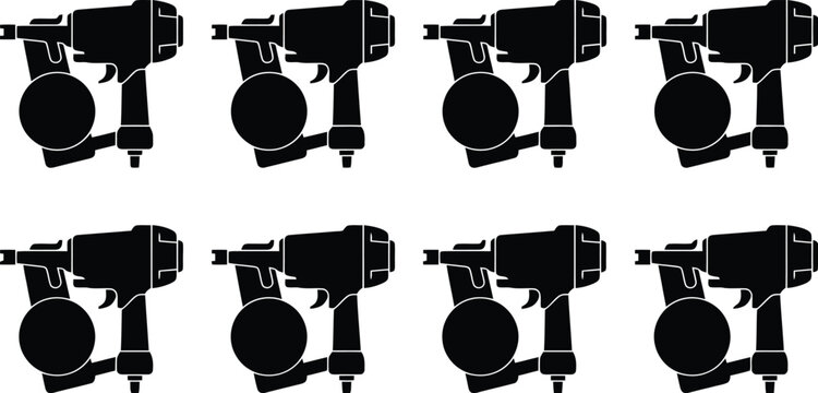 Eight black silhouette icons of pneumatic nail guns Keywords: nail gun, pneumatic tool, construction tool, carpentry tool, woodworking tool, fastening tool, equipment, industrial tool, handheld