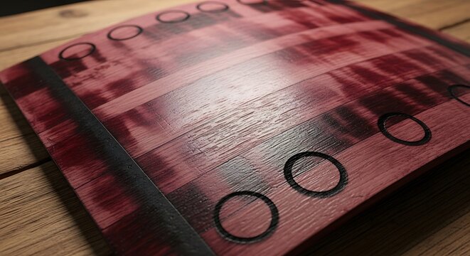 A red and black wooden tic tac toe board