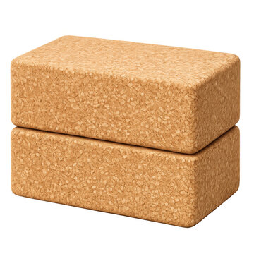 A pair of premium natural cork yoga blocks stacked neatly, featuring a high-quality tactile surface detail for grip and support, fitness equipment isolated on a transparent background.