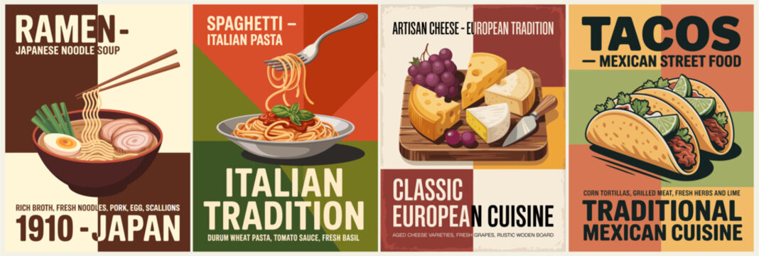 Four vibrant food posters celebrate global cuisine. Each design features bold colors and classic dishes. Ramen, pasta, cheese plate, and tacos dominate the visuals. Text highlights cultural roots
