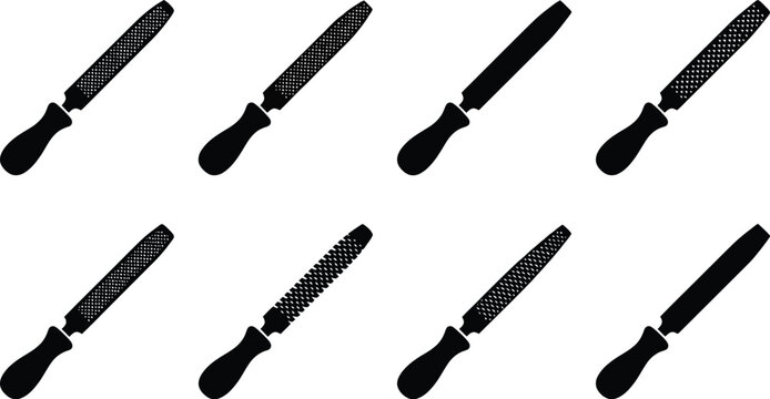 Set of eight black silhouette icons of files and rasps with different tooth patterns and handle shapes