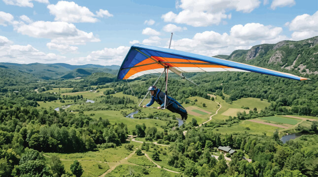 Hang Glider Soaring Over Lush Green Mountain Landscape on a Bright Sunny Day with Clouds