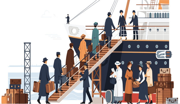 Historical Illustration of Passengers Boarding a Classic Ocean Liner with Luggage and Steamer Trunks for Vintage Travel and Maritime History Theme Designs