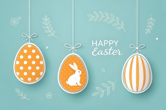 Happy Easter Hanging Eggs Orange Polka Dot Bunny Striped Teal Background, Cute Easter Card Orange Dotted Egg White Bunny Leaves Teal, Joyful Happy Easter Greeting Hanging Ornate Eggs Bunny Teal, Paste