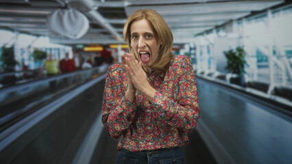 Fototapeta premium Woman rubbing hands together and smiling on an airport moving walkway wearing floral shirt, visible palms and clasping gesture; cheerful anticipation.
