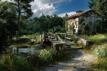 Obraz premium Countryside riverside in a European rural setting.