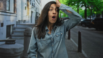 Fototapeta premium Woman with hand on forehead on street in denim shirt with open mouth gesture near building steps and parked car; surprise spontaneity.