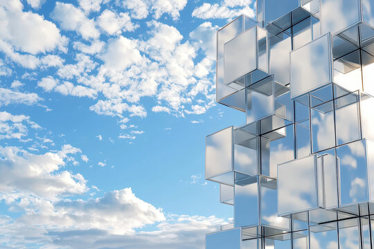 Modern modular skyscraper design features reflective glass cubes against bright blue sky with fluffy clouds, creating striking visual contrast