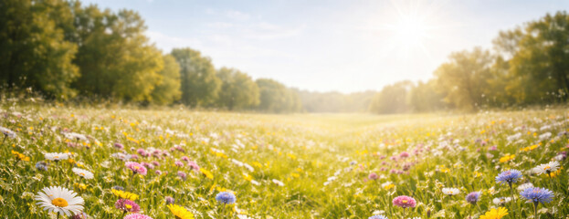 Fototapeta premium Sunny wildflower meadow with blooming daisies, panoramic summer landscape