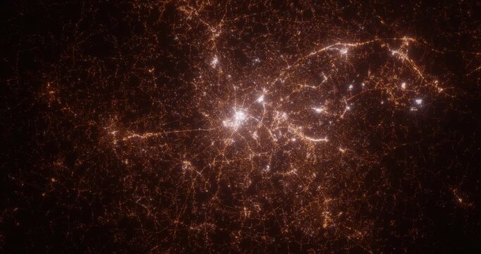 Greenville (South Carolina, USA) aerial view at night. Satellite view on modern city with street lights. Camera is flying above the city, moving forward