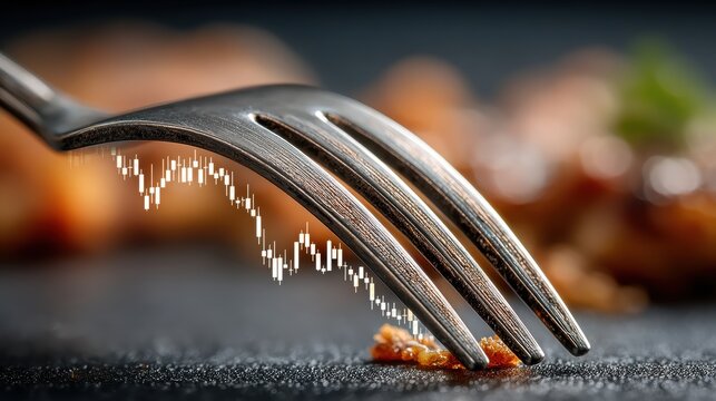 A fork bent downwards forms a downward financial chart arrow, a concept of economic recession and food crisis