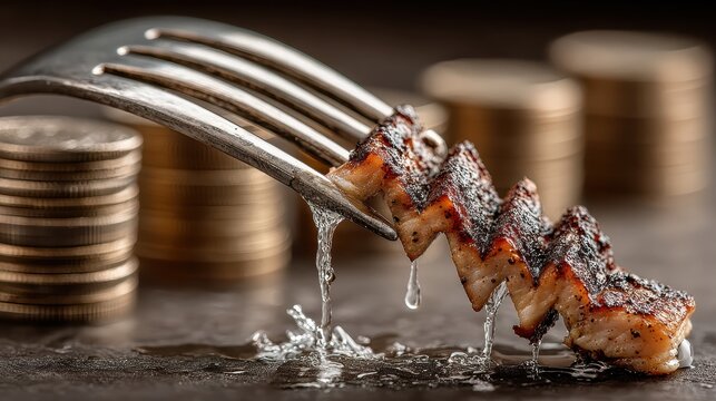 A fork bent downwards forms a downward financial chart arrow, a concept of economic recession and food crisis