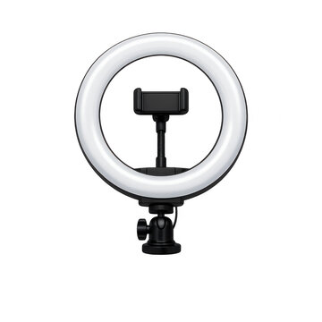 Compact LED ring light for content creators with adjustable smartphone holder attachment and ball head mount, professional lighting for streaming and vlogging, isolated on transparent background.