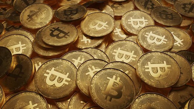Close up Pile of Golden Bitcoin Crypto Currency Coins, 3D Rendered Wealth and Blockchain Finance Concept