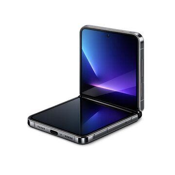 Modern foldable smartphone with a sleek metallic frame and vibrant reflective screen, shown in a half-open clamshell position, realistic hardware render isolated on transparent background.
