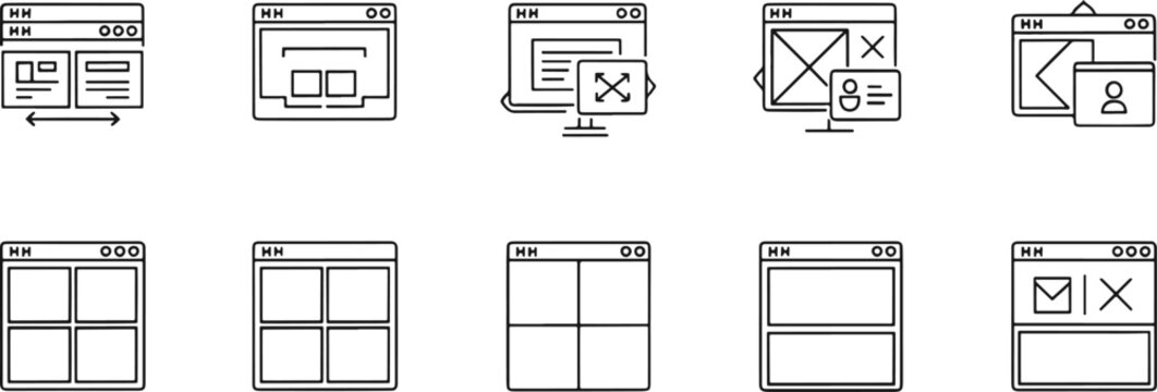 Web Browser UI Layout and Website Interface Line Icons Set