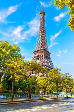 Eiffel Tower view from a typical street of Paris, France