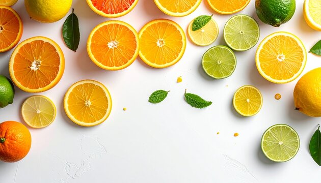 Assortment of fresh citrus fruits including lemons, limes, and oranges, with green leaves on a white background, viewed from above.