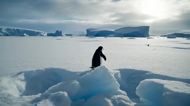 Lone penguin waddles across icy expanse