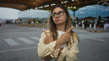 Obraz premium Woman crossing arms and pointing fingers at airport terminal curbside wearing glasses and beige shirt; indecision.
